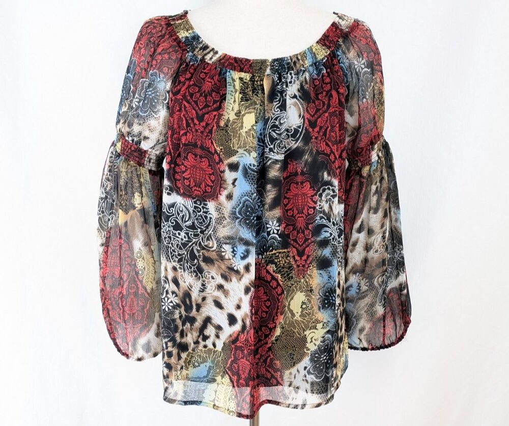Alberto Makali Sheer Top Women's LG Abstract Floral Bishop Sleeves